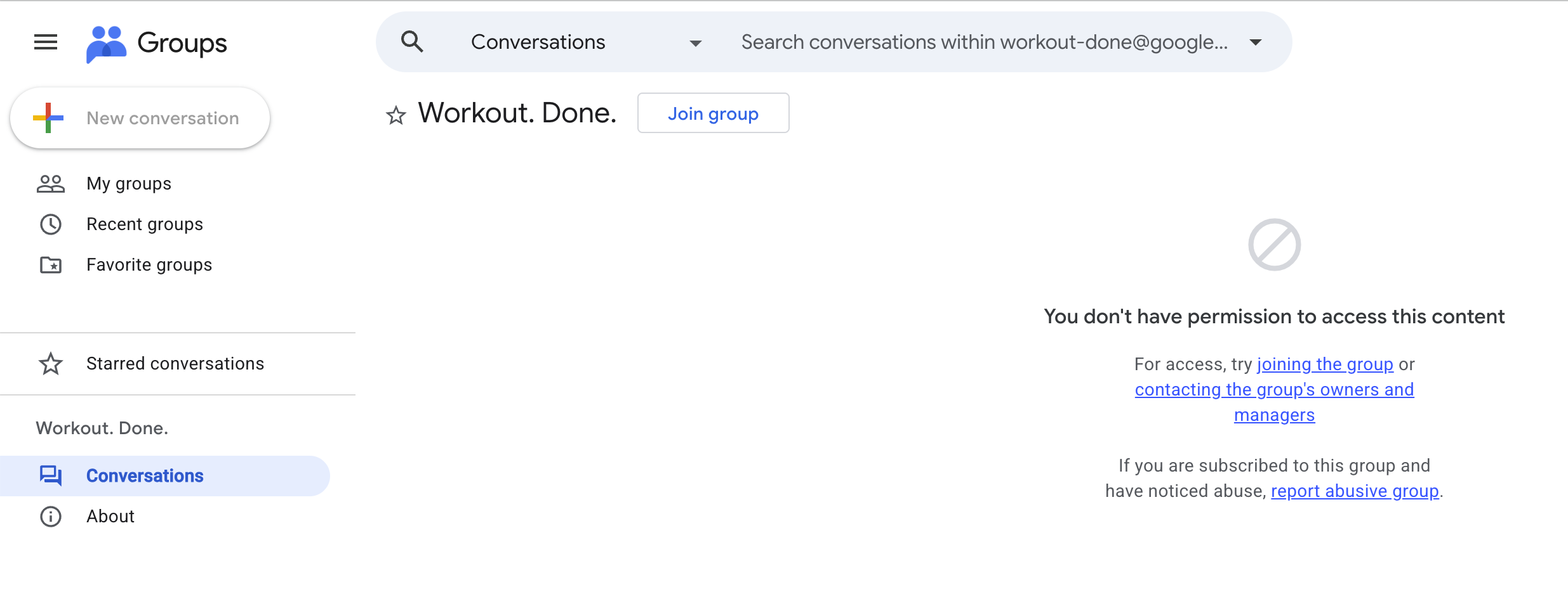 Google Groups page for Workout. Done. with the Join group button visible
