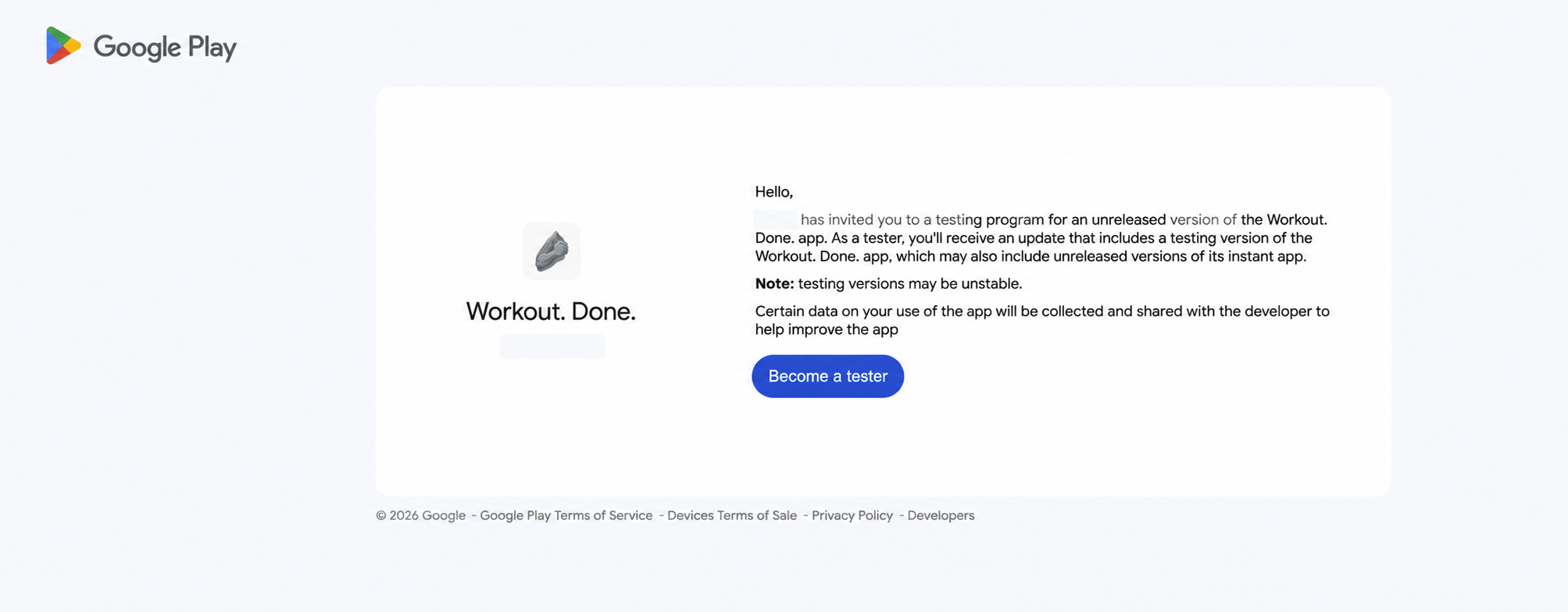 Google Play closed-beta page with the Become a tester button visible