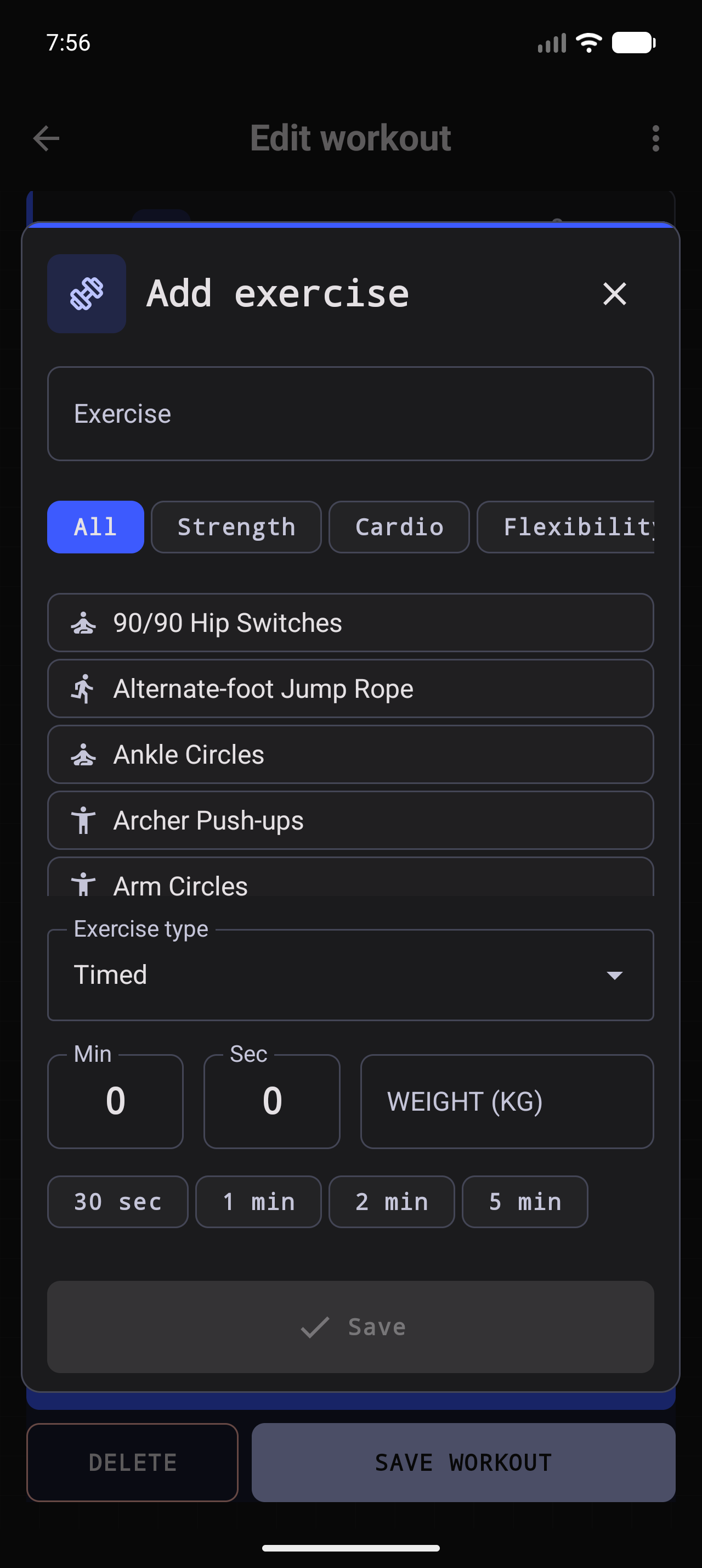 Workout. Done. phone Add Exercise flow