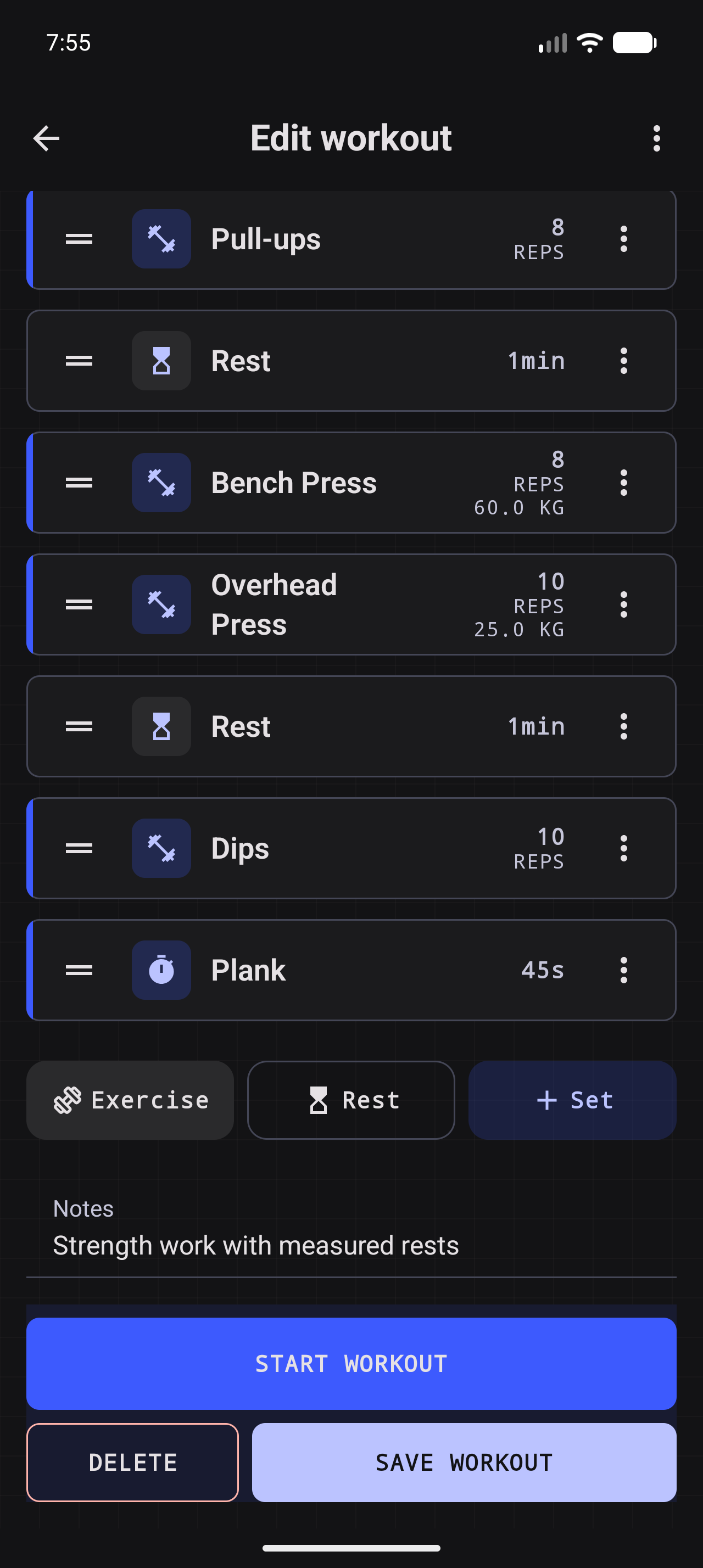 Workout. Done. phone workout editor showing configured exercises