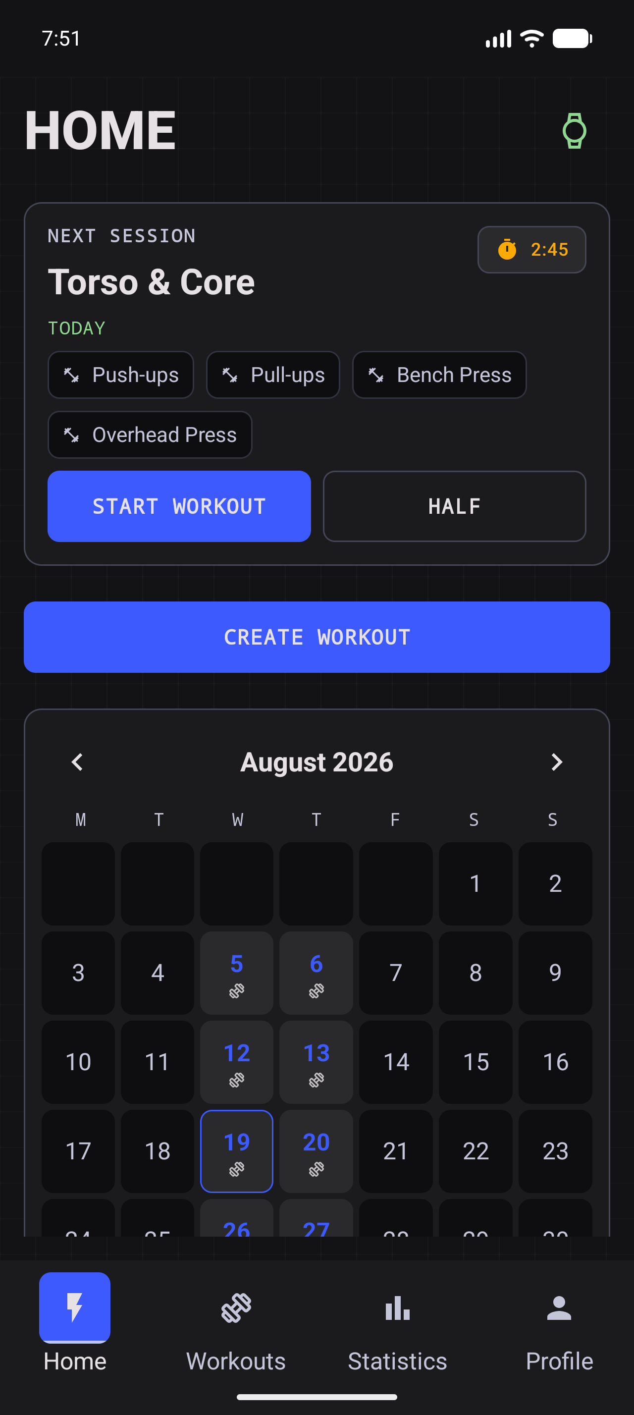 Workout. Done. phone Home screen showing a created workout