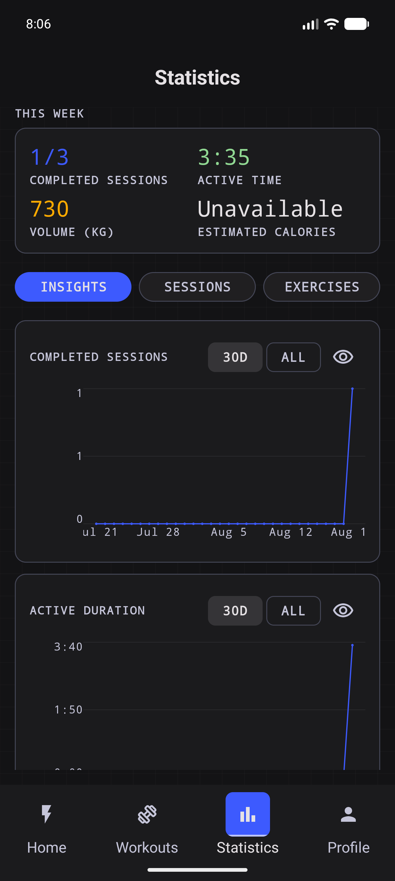 Workout. Done. phone Statistics Insights screen